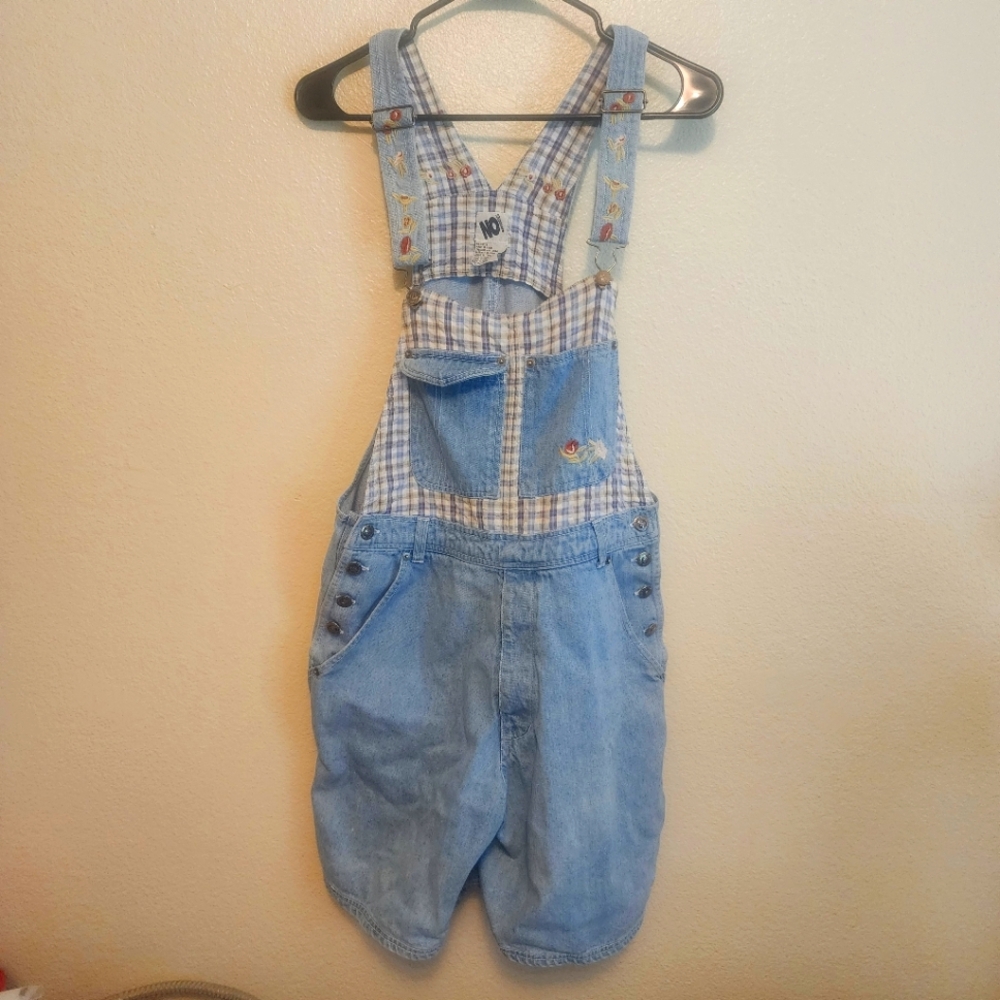 Vintage No Boundries Womens Short Denim Overalls Size M with Embroidered Details